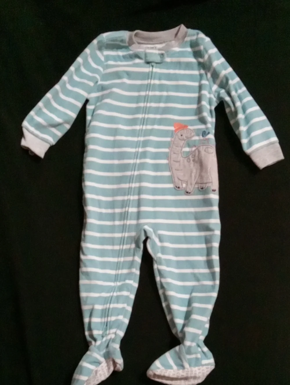 Carter's Aqua and White Striped Dino Footed Sleeper